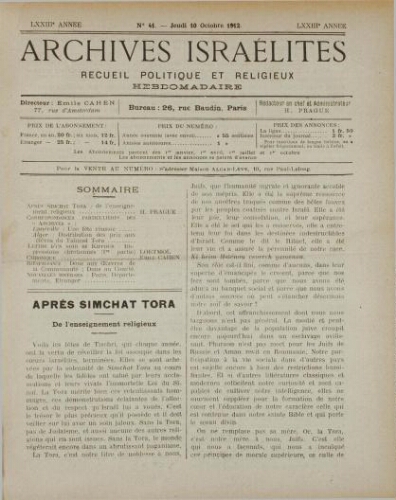 Archives israélites de France. Vol.73 N°41 (10 oct. 1912)